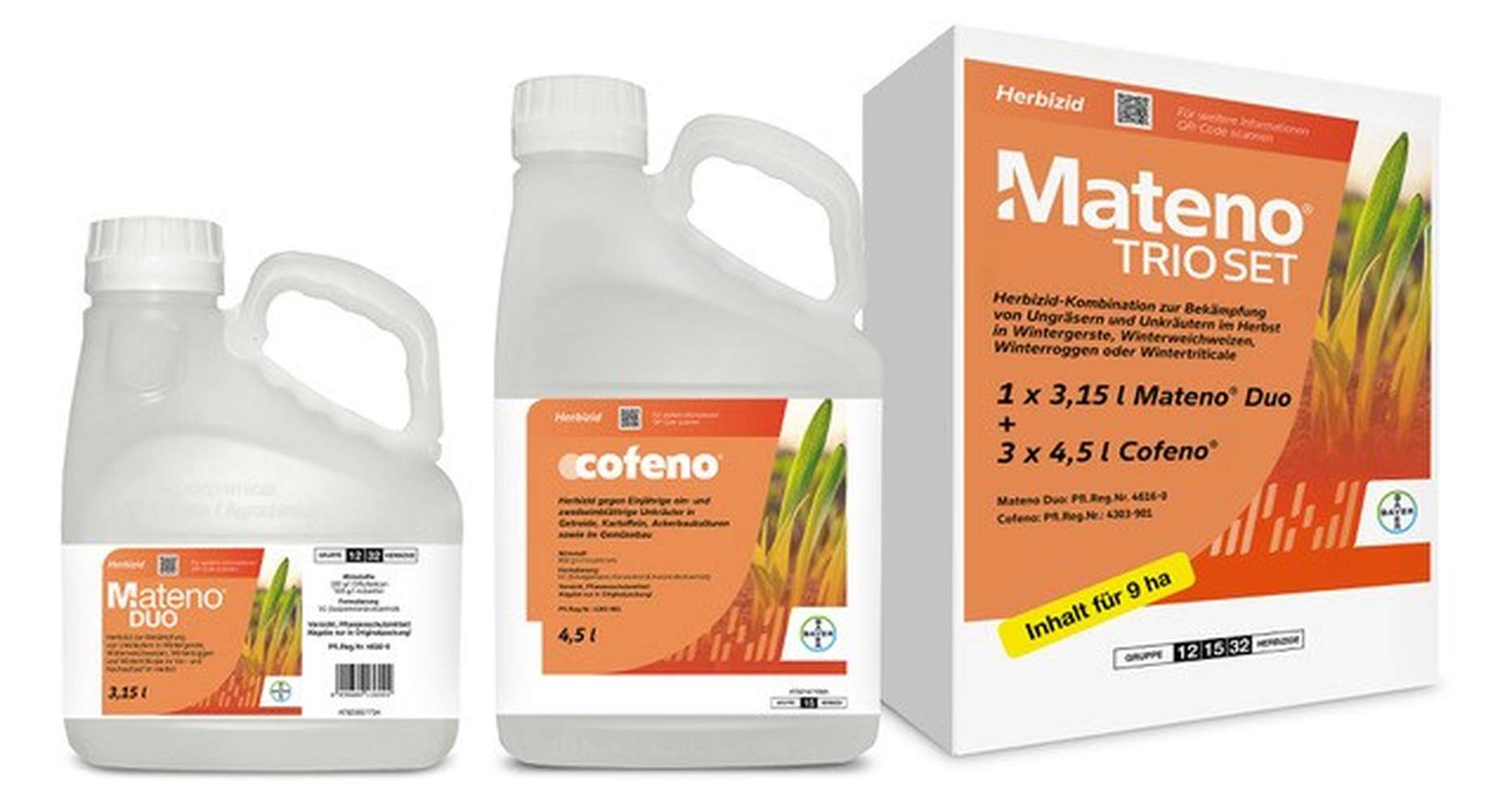 Mateno Duo und Cofeno Herbizid-Kanister neben der Mateno Trio Set Verpackung von Bayer, 3,15 l und 4,5 l Behälter.