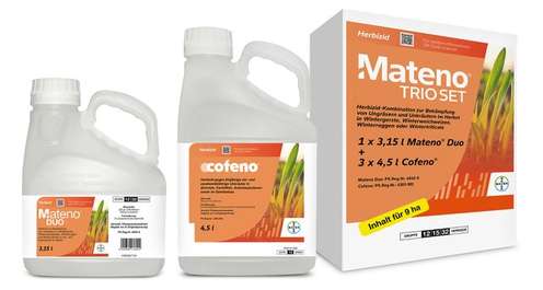 Mateno Duo und Cofeno Herbizid-Kanister neben der Mateno Trio Set Verpackung von Bayer, 3,15 l und 4,5 l Behälter.