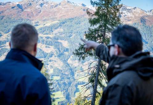 Zwei Männer von hinten betrachten eine alpine Berglandschaft mit Nadelwäldern und schneebedeckten Gipfeln, einer zeigt in die Ferne.