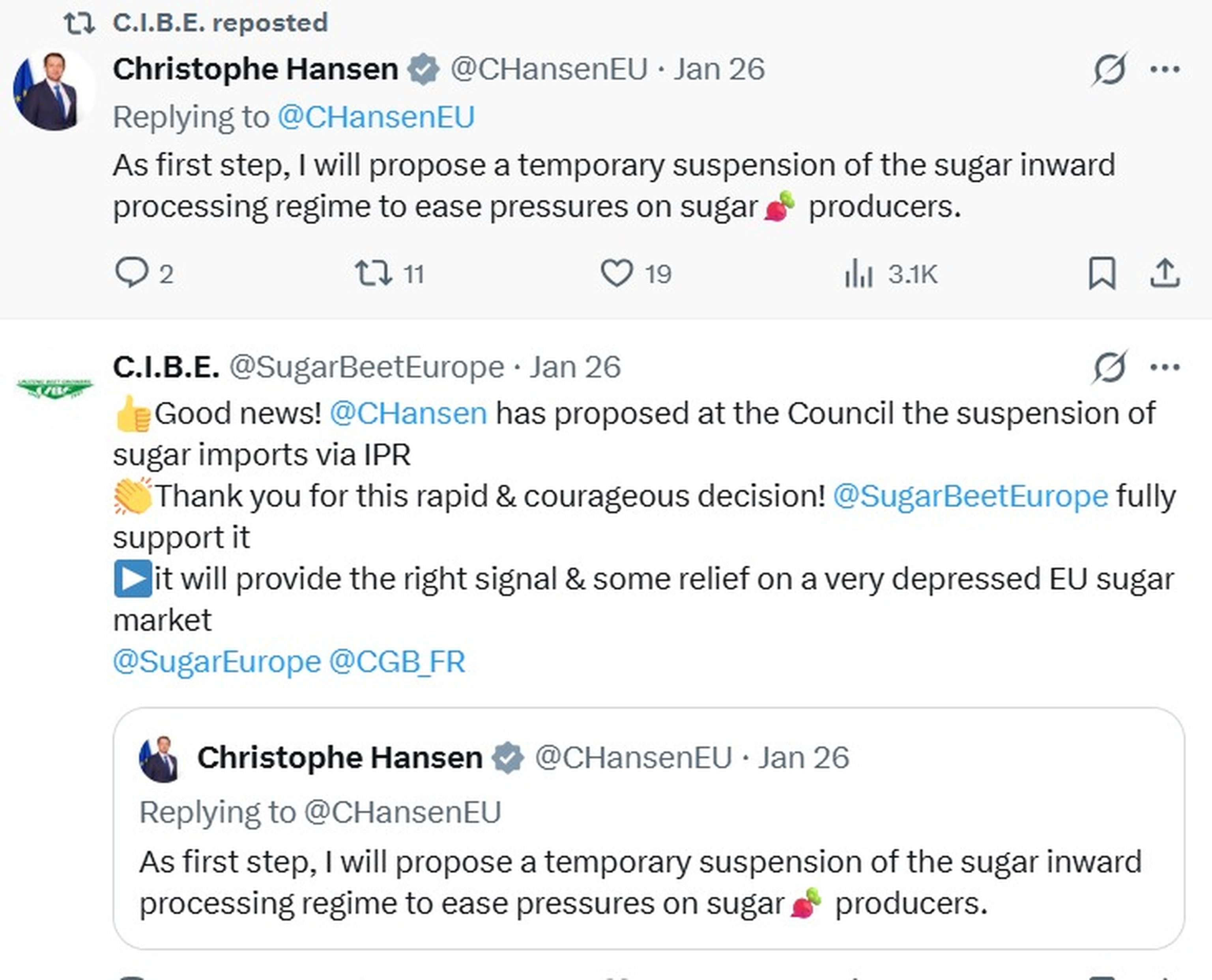 Tweet Christophe Hansen zu Zucker