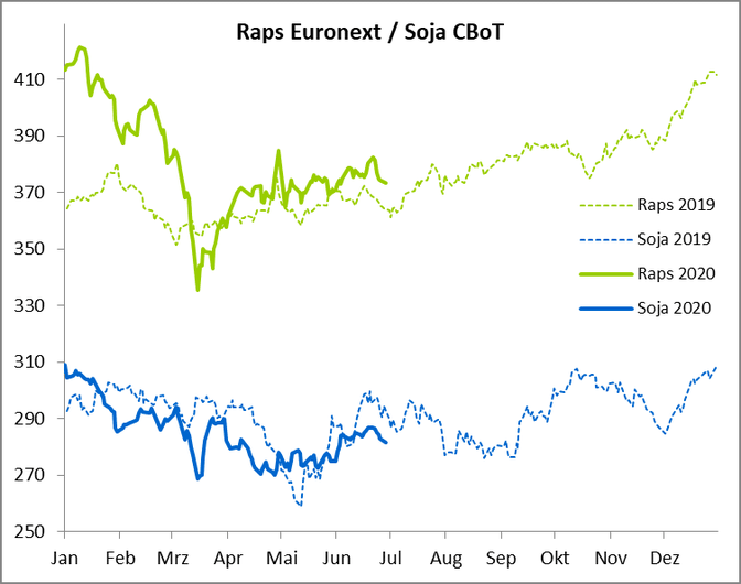 Der Raps-Augusttermin notierte Anfang Juni noch bei 367,25 Euro/t. Im Verlauf des Monats stieg er auf fast 384 Euro/t um zum Monatsende wieder auf etwa 374 Euro/t zurückzufallen.
