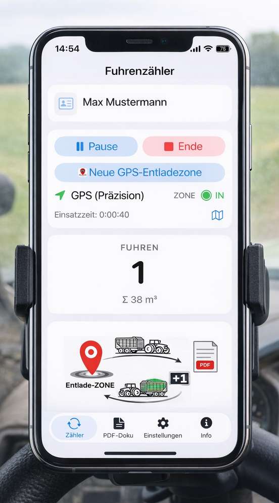 Smartphone mit geöffneter App Vakutec Fuhrenzaehler