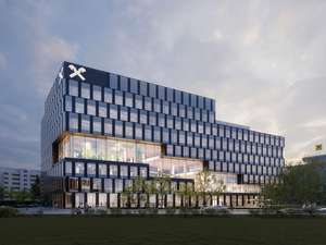 Visualisierung der neuen RLB-Konzernzentrale in Linz.