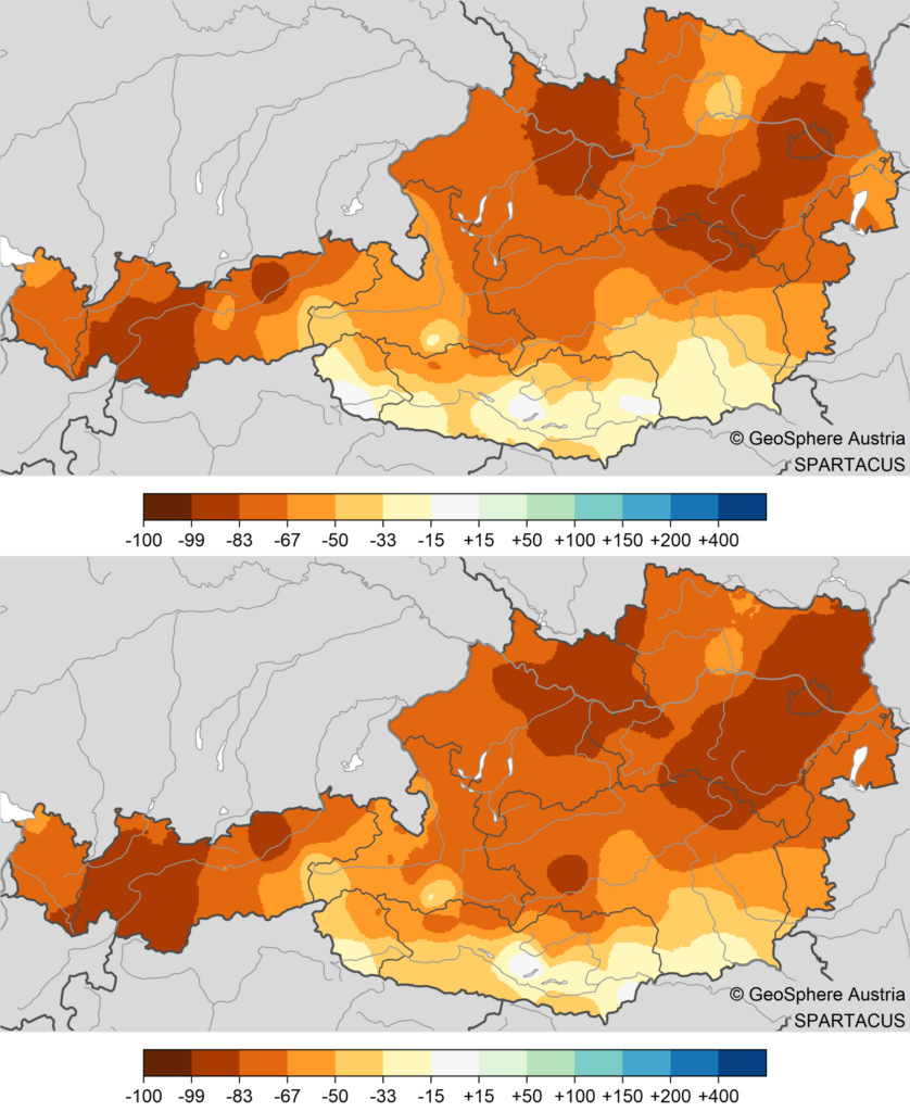 Niederschlag im Februar 2025: Abweichung des Niederschlags vom Mittel: Bild unten im Vergleich zum Mittel 1961-1990, Bild oben im Vergleich zum Mittel 1991-2020.