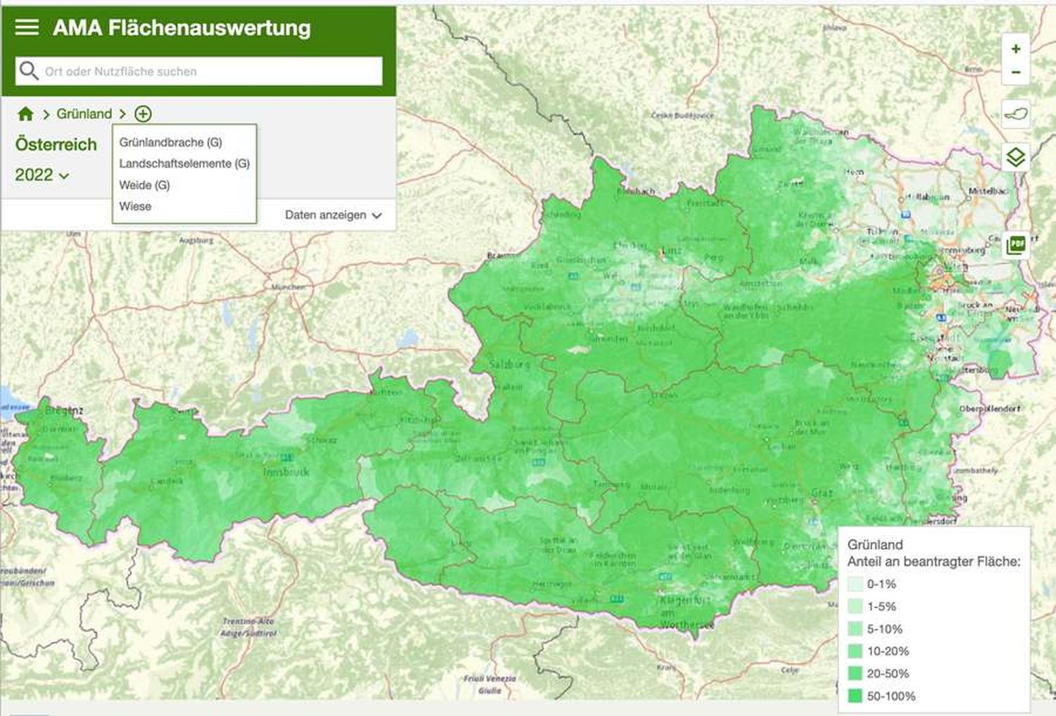 Die Auswertung ist bis auf Ebene der Katastralgemeinden möglich.