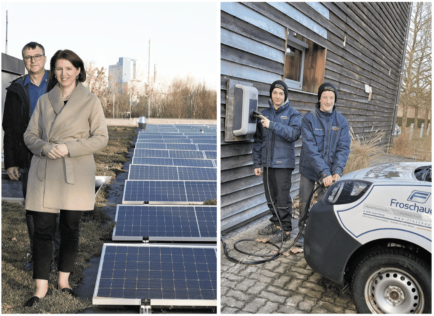 Direktor Wolfgang Eder und Landesrätin Langer-Weninger am Dach der Gartenbauschule Ritzlhof (l.) In Otterbach laden die Schüler der Fachschule den E-Schulbus mit eigenem PV-Strom (r.)