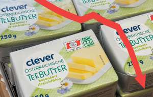 Clever Butter inn Nahaufnahme, davor eine sinkende Preiskurve