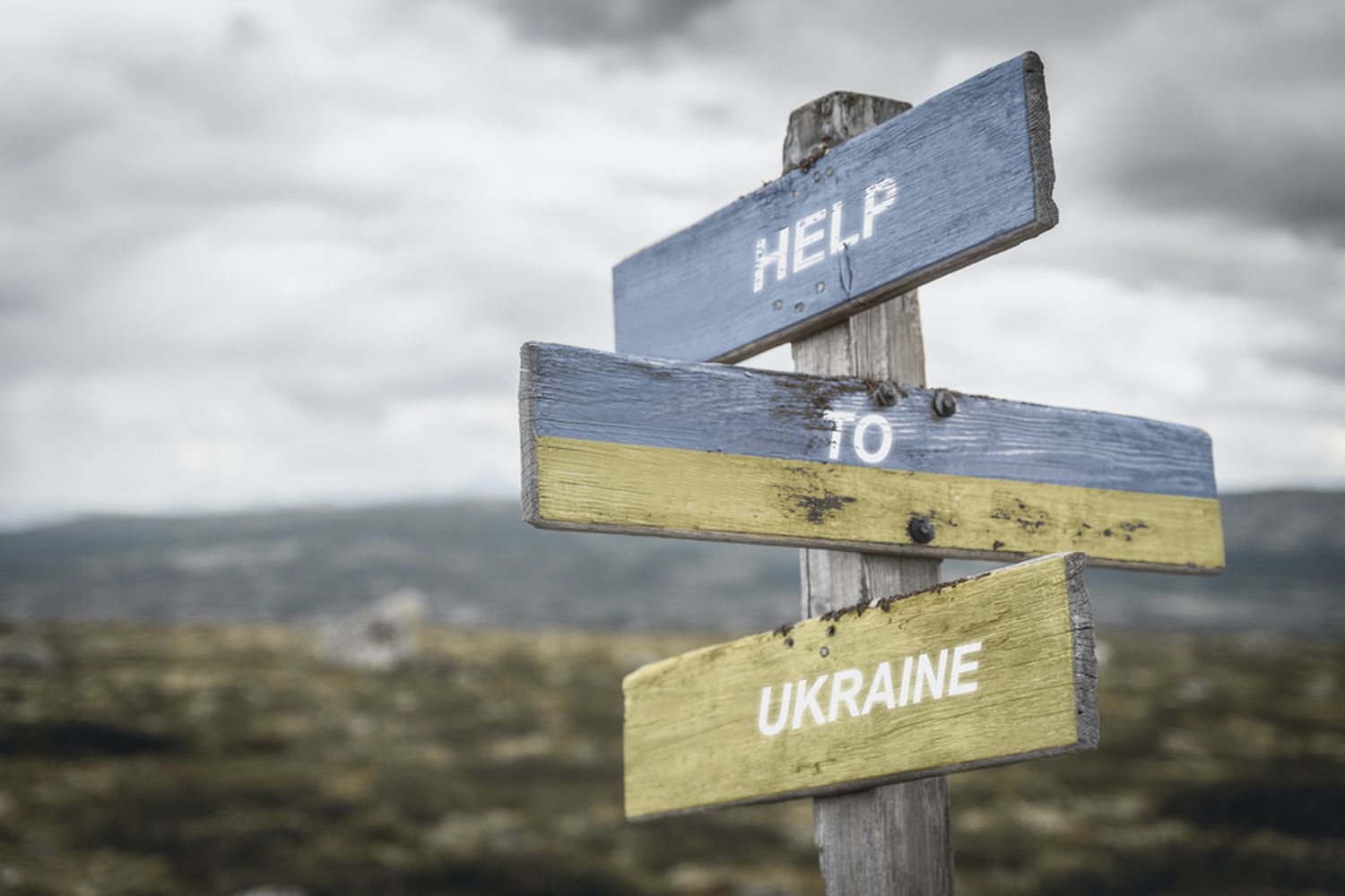Help To Ukraine Text Quote On Wooden Signpost Outdoors, Written On The Ukranian Flag.