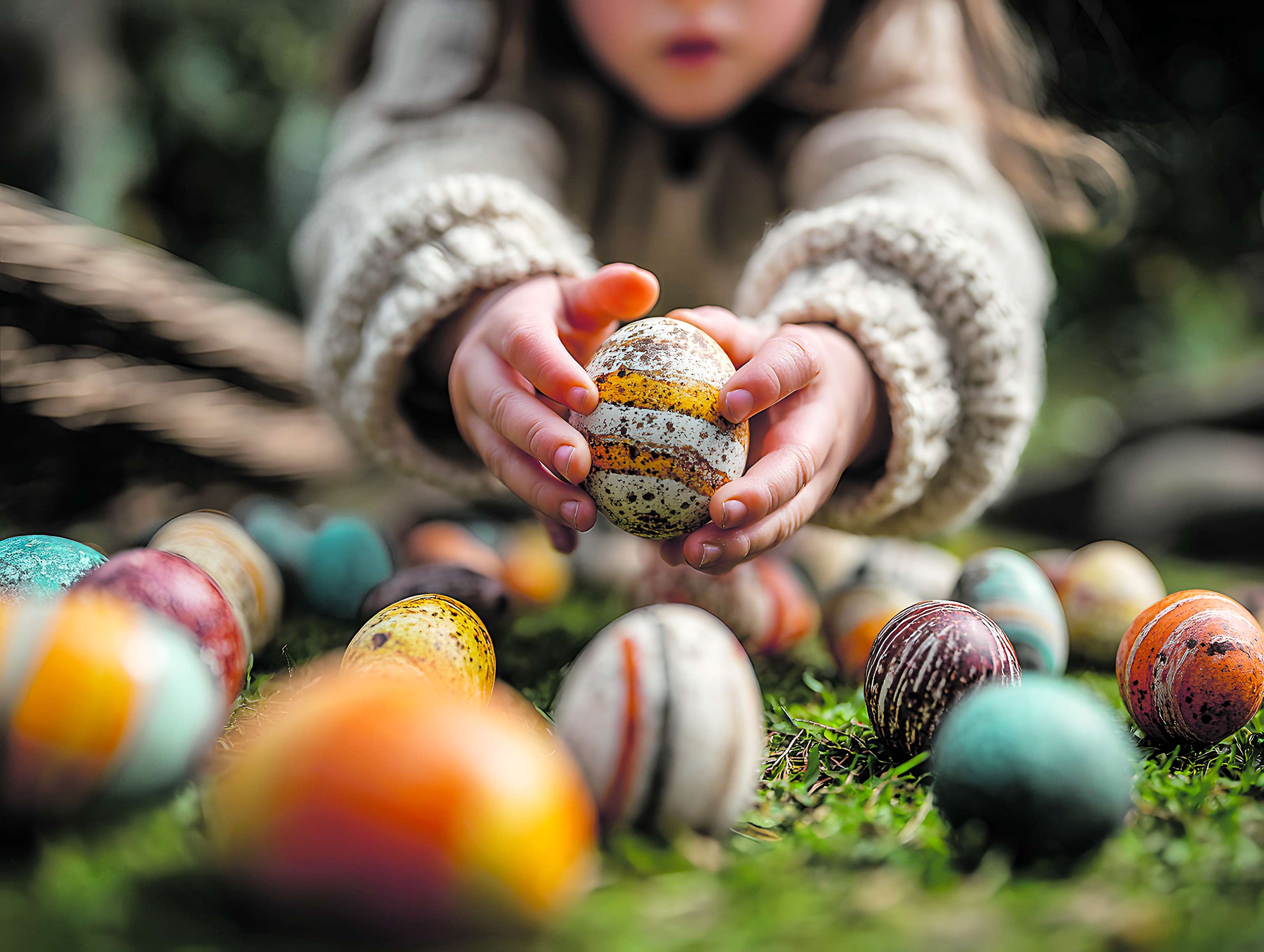 Kind greift nach bunten Ostereiern
