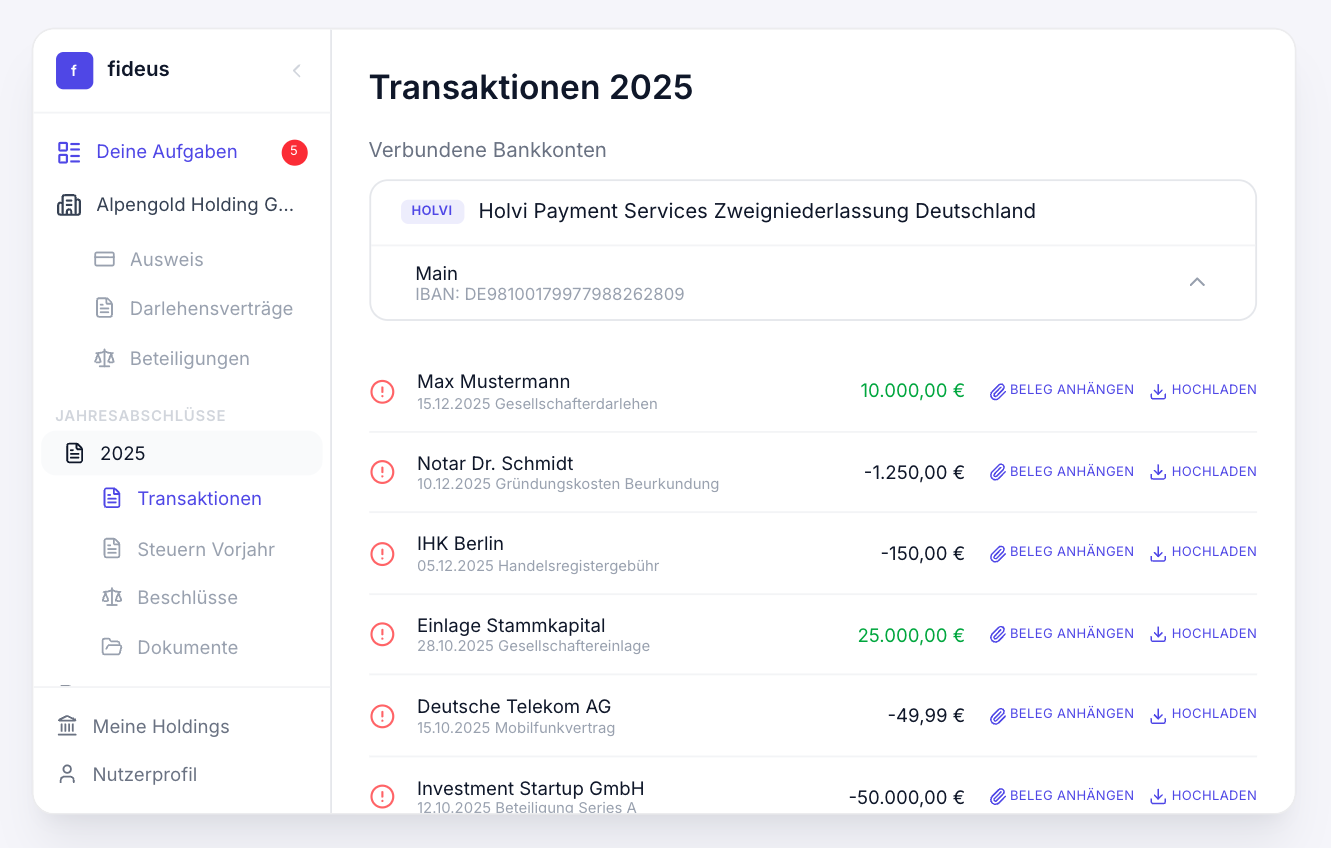 Screenshot of the Fideus Dashboard.