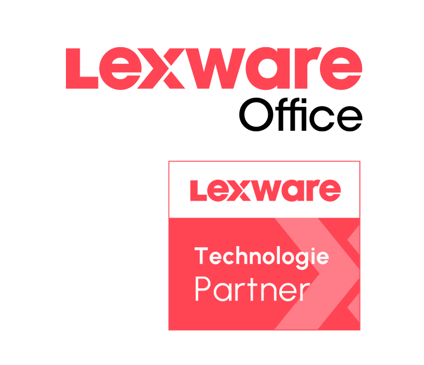 Lexware Office logo above a red badge reading “Lexware Technologie Partner” with stylized arrow graphics.