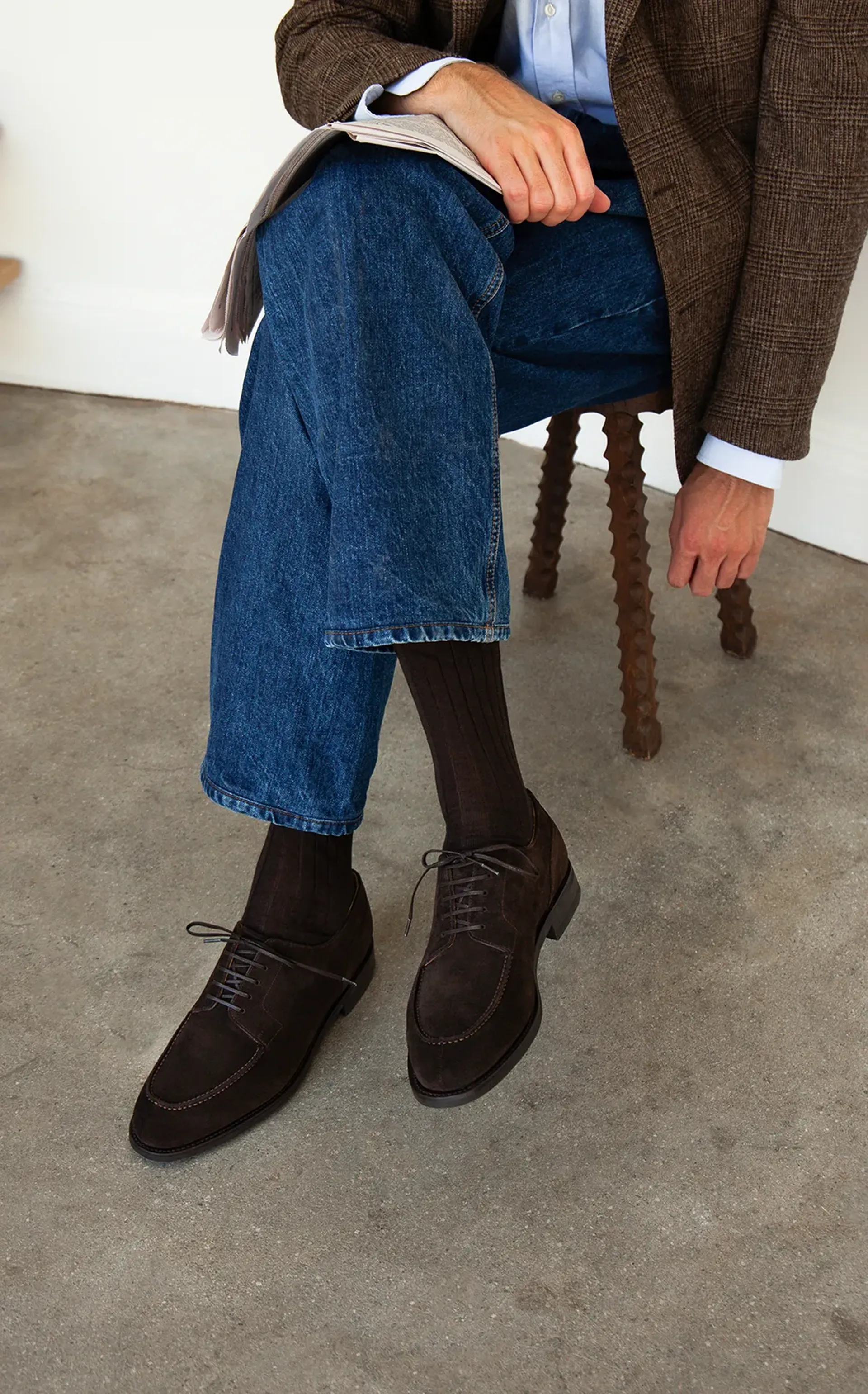the split toe derby in brown suede by MORJAS