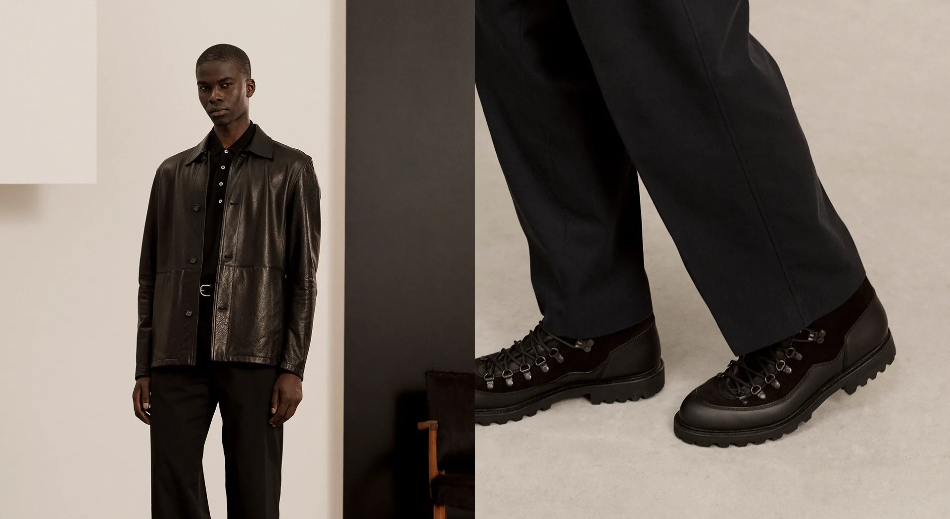 A man in a black leather jacket, and The Hiking Boot in black suede with mudguard