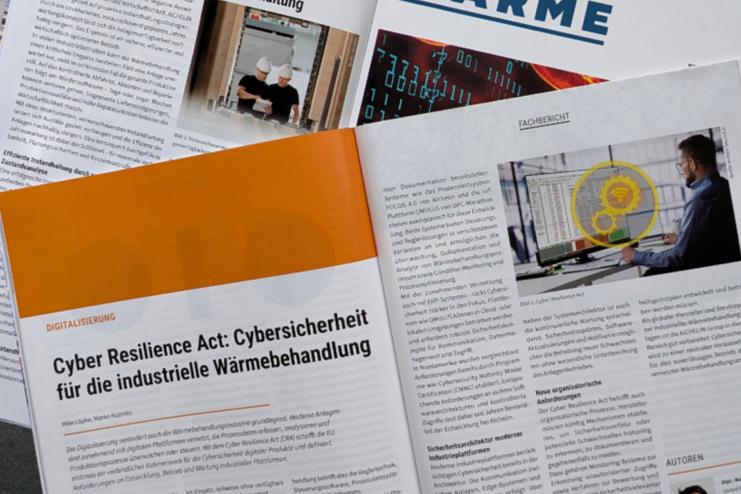 Open magazine articles on industry and cybersecurity, featuring images of engineers and computer screens, titled "PROZESS WÄRME."