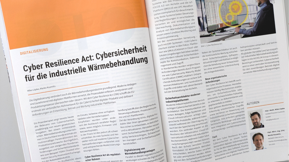 Open magazine featuring an article titled "Cyber Resilience Act: Cybersicherheit für die industrielle Wärmebehandlung" with related text and images.