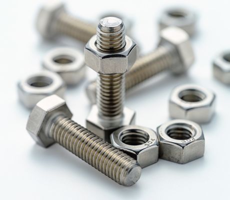 Close-up of several nuts and bolts on a white surface, with two bolts standing upright and others lying scattered around.