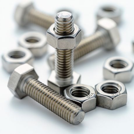Close-up of several nuts and bolts on a white surface, with two bolts standing upright and others lying scattered around.