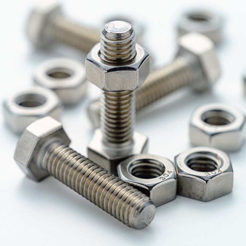 Close-up of several nuts and bolts on a white surface, with two bolts standing upright and others lying scattered around.
