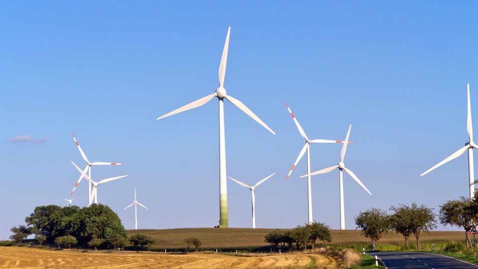 A rural landscape features several large wind turbines on a grassy field under a clear blue sky, with a road curving through the scene.