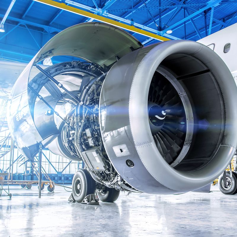 Close-up of a jet engine in a bright airplane hangar, with visible internal components and open cowling, highlighting the engineering details.