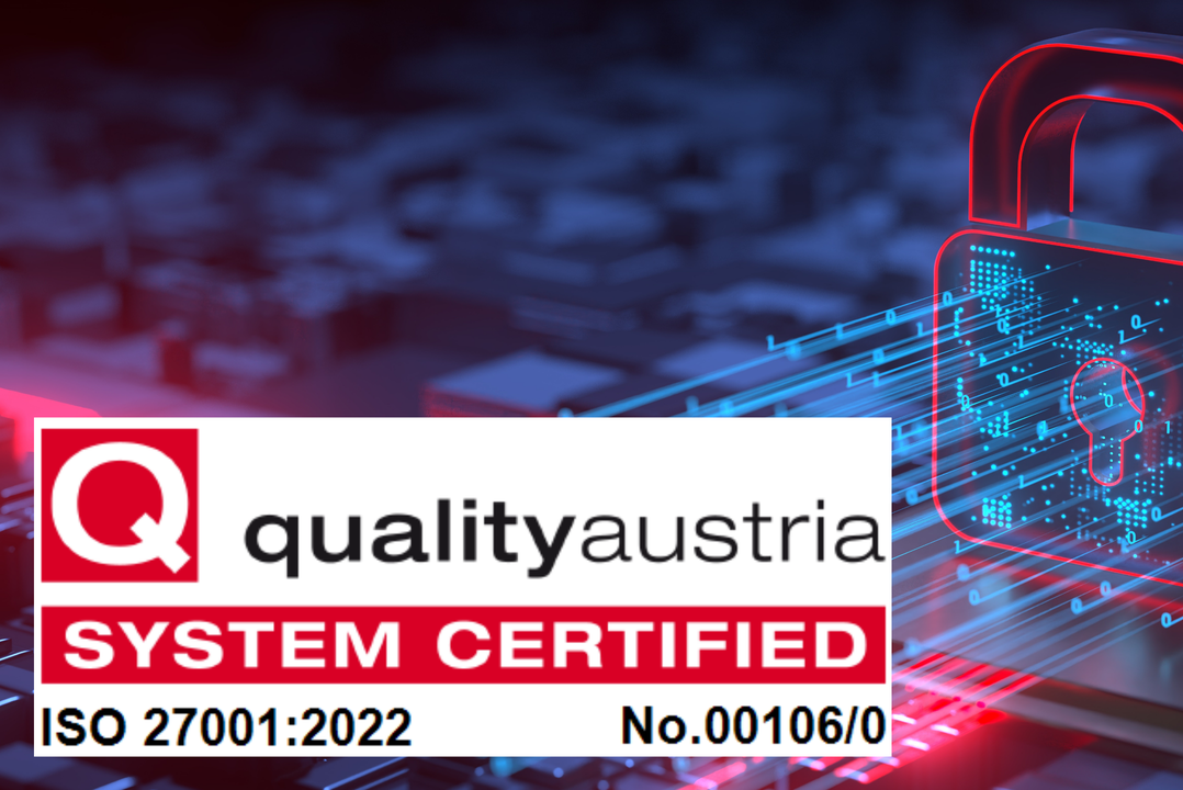 Quality Austria ISO 27001:2022 certification label with digital lock graphic, symbolizing data security and system certification.