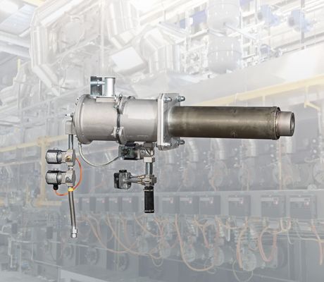 Industrial burner system with a metallic cylindrical structure, pipelines, and control valves in a factory setting.
