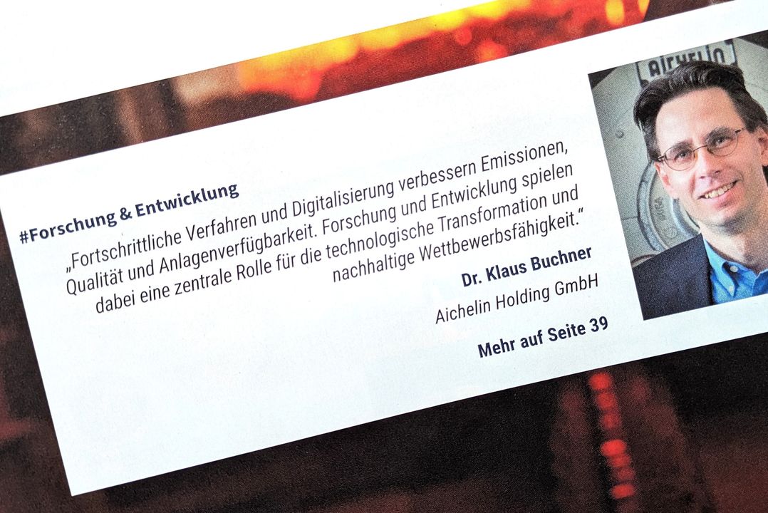 Zitat über Forschung und Entwicklung von Dr. Klaus Buchner, Aichelin Holding GmbH, mit Hinweis auf mehr Infos auf Seite 39.