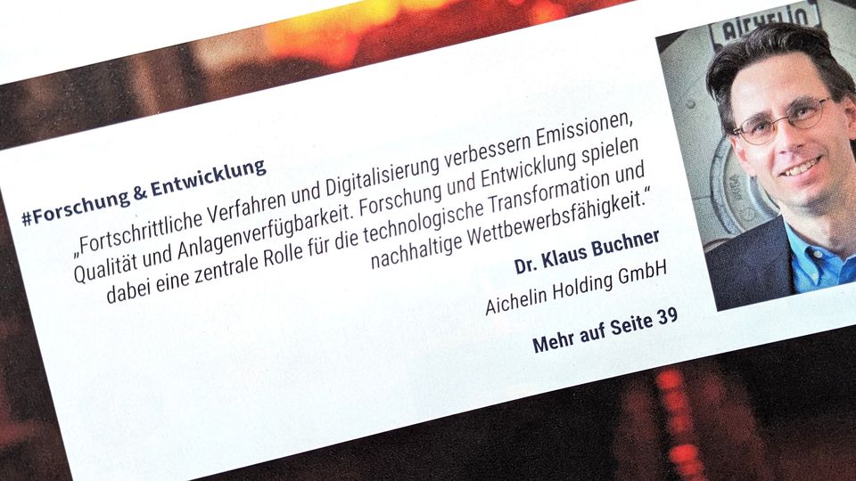 Zitat über Forschung und Entwicklung von Dr. Klaus Buchner, Aichelin Holding GmbH, mit Hinweis auf mehr Infos auf Seite 39.