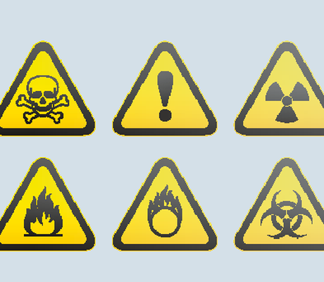 Six yellow triangle warning signs: skull, exclamation mark, radiation, fire, flammable symbol, biohazard.