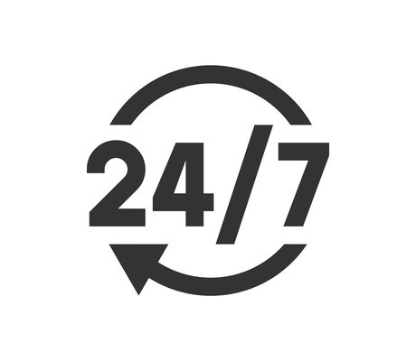 Black "24/7" text with a circular arrow around it, indicating continuous, around-the-clock service.