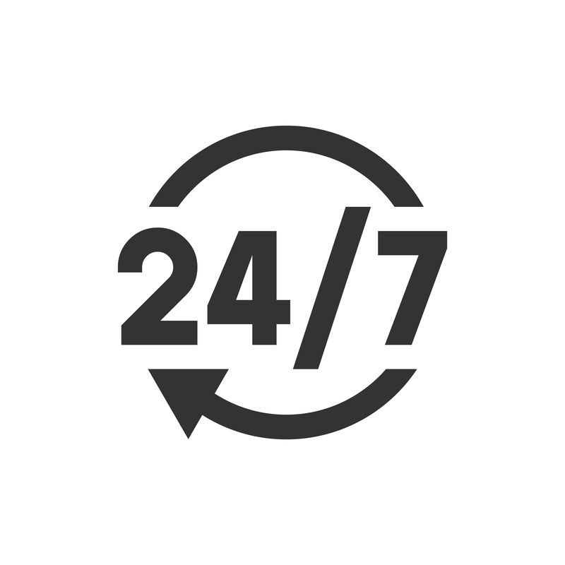Black "24/7" text with a circular arrow around it, indicating continuous, around-the-clock service.