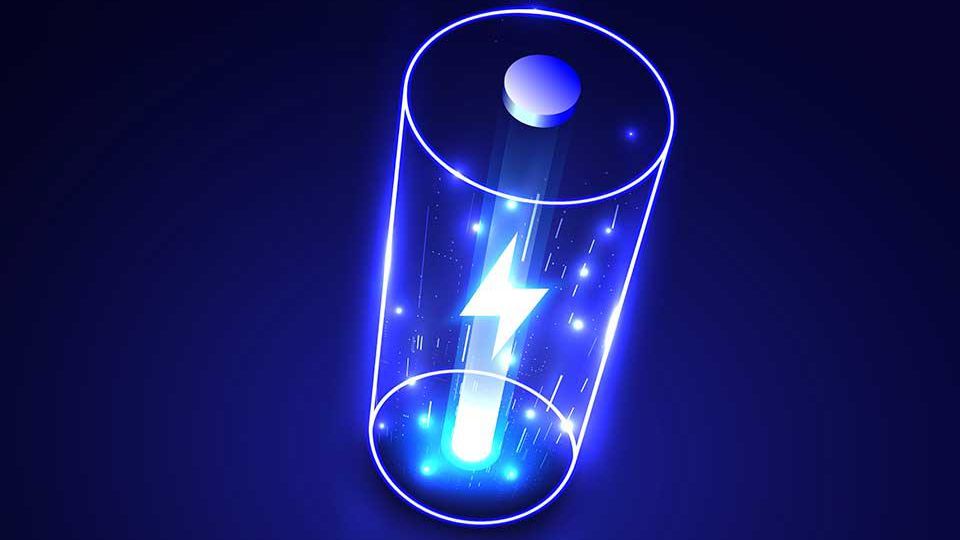 Glowing, transparent battery icon with a lightning bolt, symbolizing energy and power on a dark blue background.
