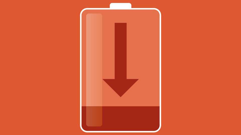 Red low battery icon with a downward arrow on an orange background, indicating a depleted charge level.