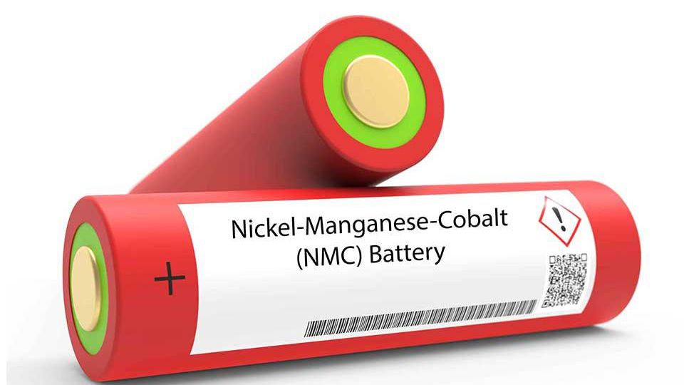 Two red Nickel-Manganese-Cobalt (NMC) batteries, labeled with a QR code and warning symbol, stacked diagonally on a white background.