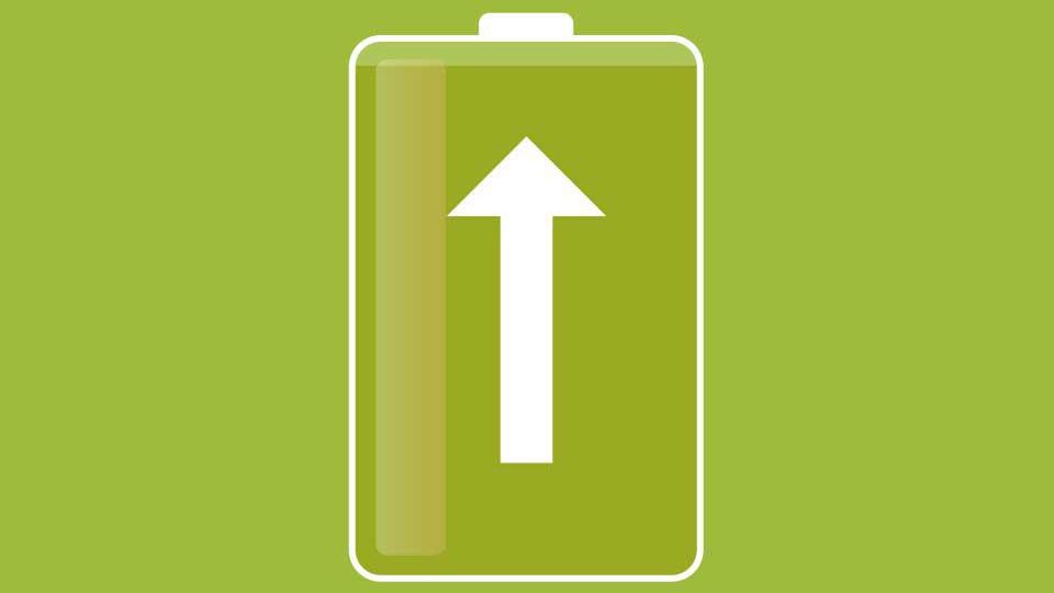 A green battery icon with an upward arrow inside, symbolizing charging or increasing energy, on a light green background.