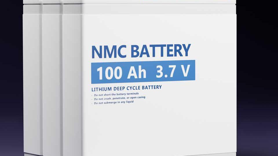 Three stacked NMC lithium deep cycle batteries labeled 100 Ah, 3.7 V, against a dark background.