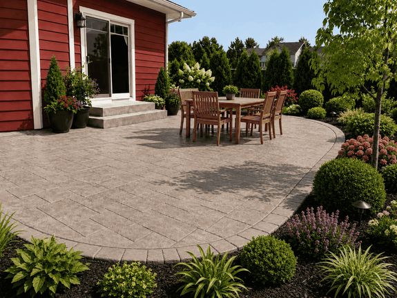 Stamped concrete patio with a wooden dining set