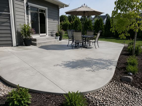 Concrete patio with outdoor dining set, umbrella, and backyard landscaping