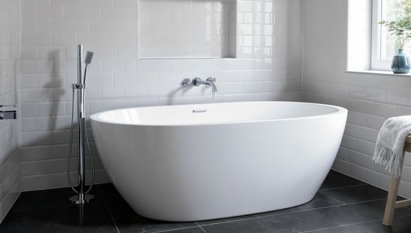 Modern bathroom with a sleek white freestanding bathtub
