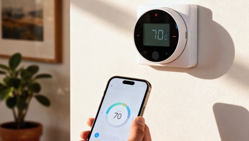 Smartphone adjusts smart thermostat on wall