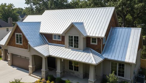 Silver metal roof on large suburban home