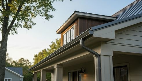 Close-up of gray metal roof with gutters on modern home