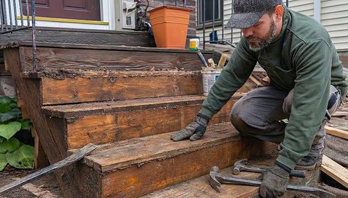 Man repairing wooden steps with tools