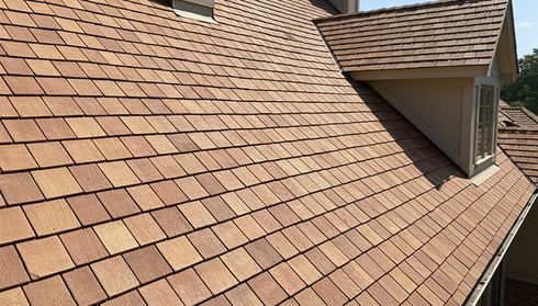 Close-up of a house roof with cedar shingles and a windowed dormer