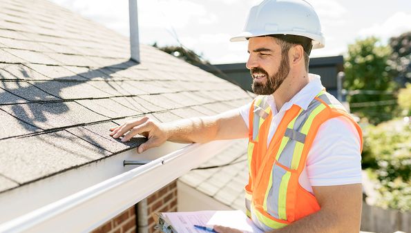 Construction worker in a safety vest and hard hat inspects gutter guards