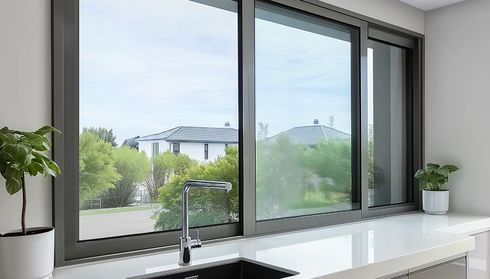 Sliding vinyl windows above kitchen sink