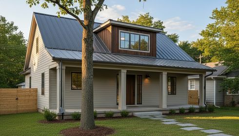 Gray standing seam metal roof on residential home