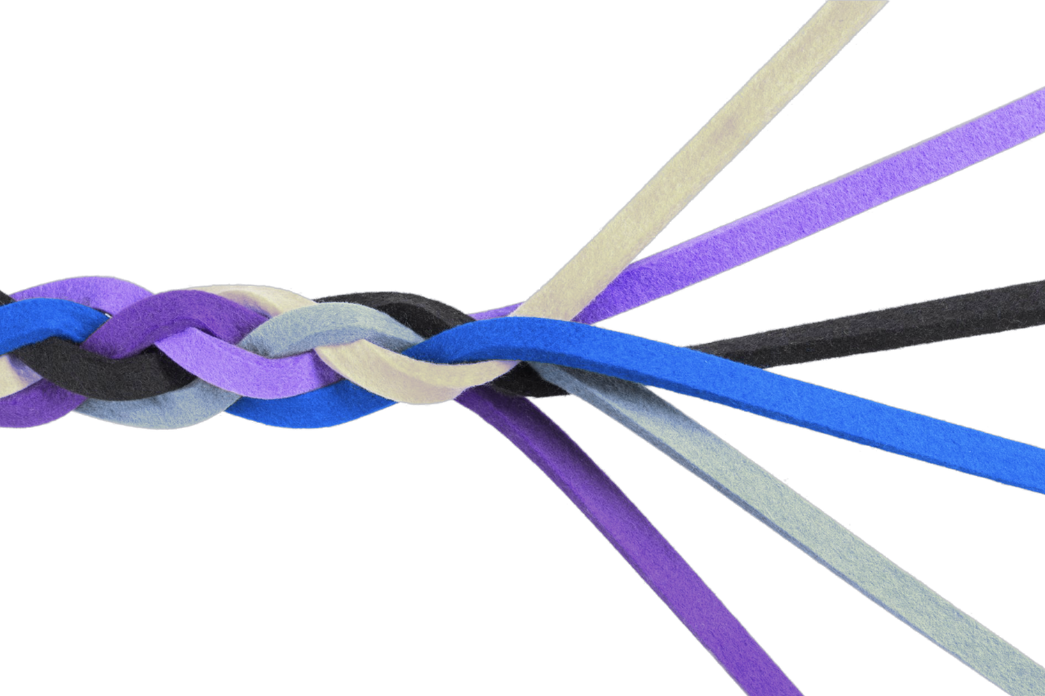 Five colorful ribbons, including purple, blue, and black, are intricately braided together against a black background.