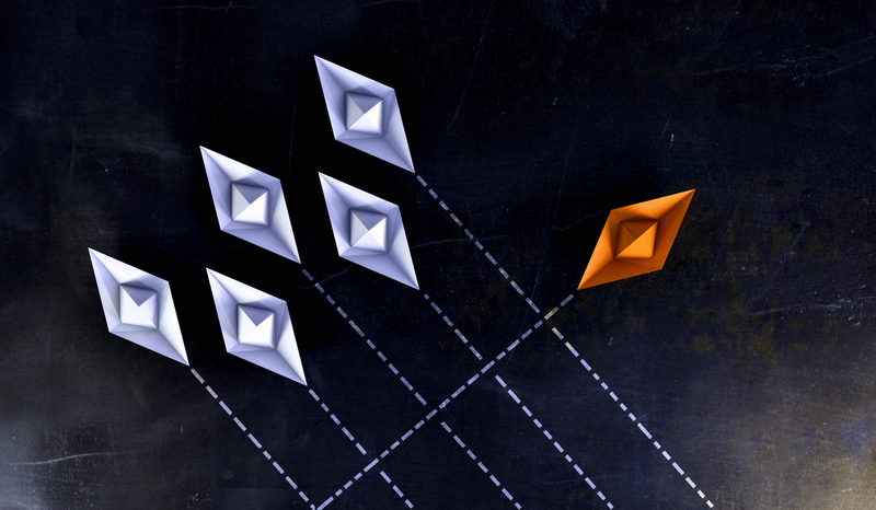 Five white diamond shapes and one orange diamond shape on a dark background, with dashed lines indicating direction.