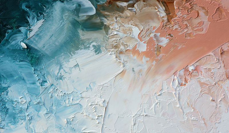 Abstract painting with textured strokes in teal, white, and peach hues blending together, creating a dynamic and organic composition.
